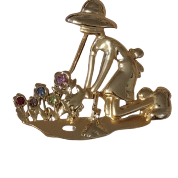 DANECRAFT BROOCH GoldTone Gardener Brooch with Colorful Gems - Picture 1 of 3